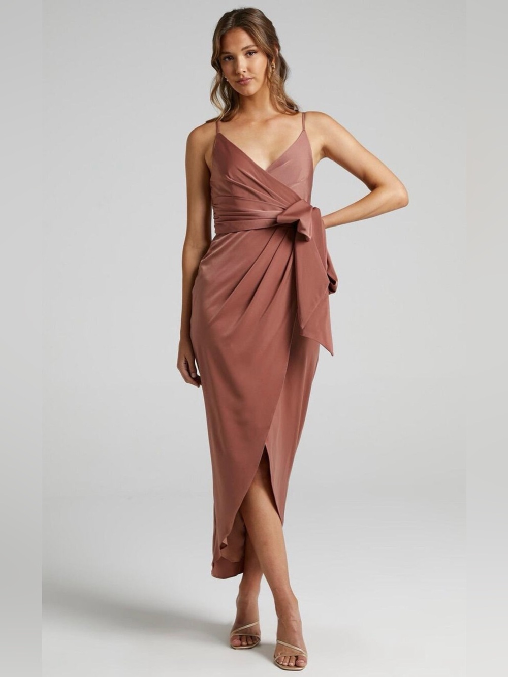 Showpo. How Will I Know Wrap Waist Tulip Hem Midi Dress Dusty Rose US 6 NWT
